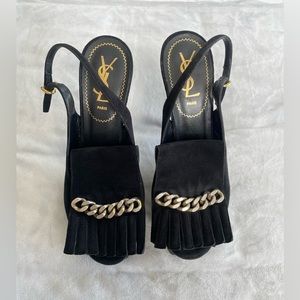 Yves Saint Laurent beautiful black suede peep toe pump stiletto 6” heels size 38